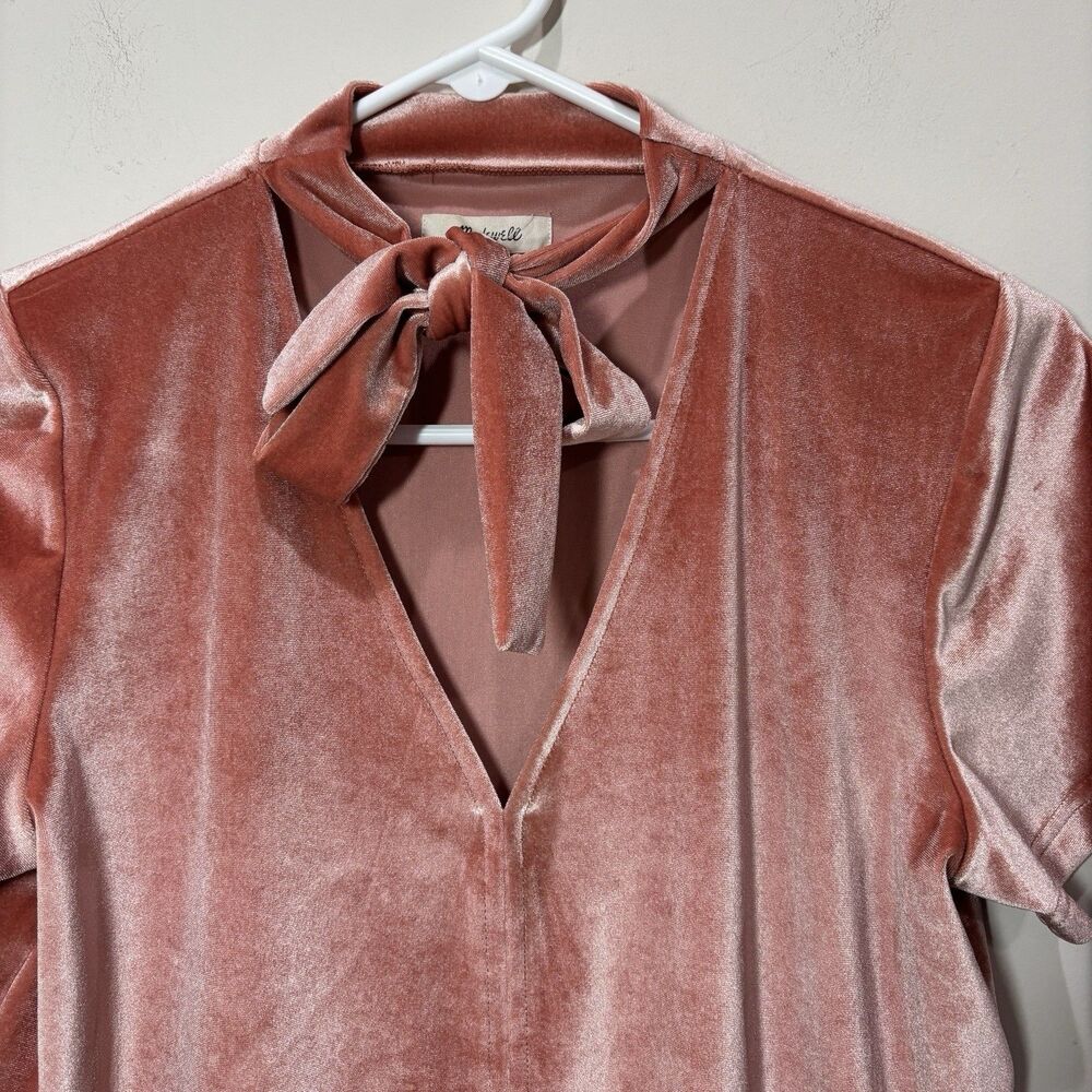 Madewell Velvet Tie Neck Top Women M Peachy Coral Pink Preppy Romantic - Picture 3 of 9